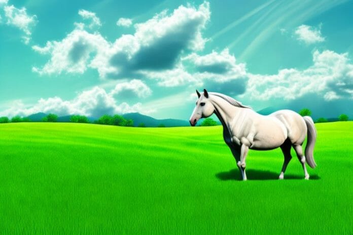 A horse in a field of lush green grass