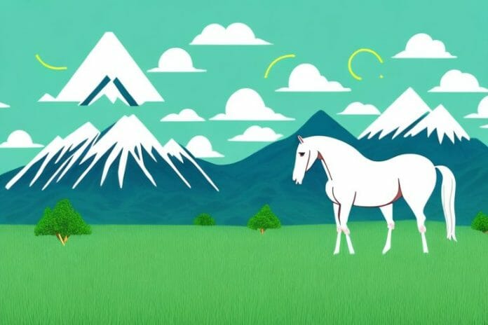 A horse in a grassy field with a mountain range in the background