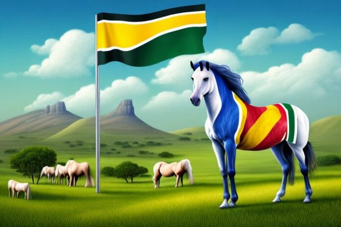 A horse in a rural landscape with a south african flag in the background