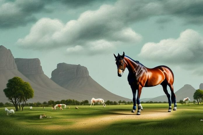 An irish sport horse in a rural landscape in oudtshoorn
