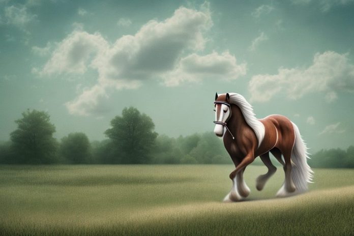 An american belgian draft horse being ridden in a rural landscape