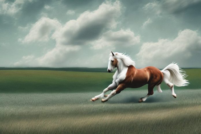 An american belgian draft horse galloping through a rural landscape in worcester