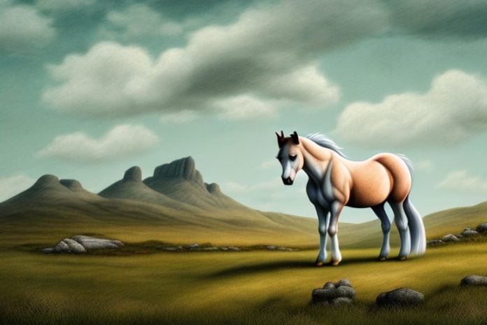 A connemara pony horse in a rural landscape near harrismith