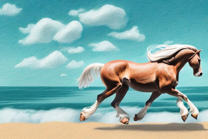 An american belgian draft horse galloping along a beach in hermanus