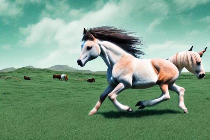 A connemara pony horse galloping through a rural landscape in mabopane