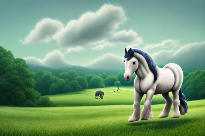 A majestic shire horse in a rural landscape