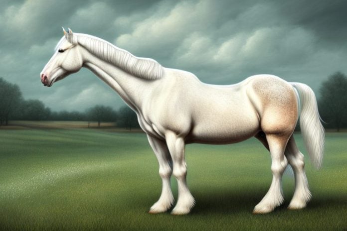 An american cream draft horse in a rural landscape