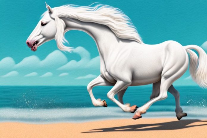 An american cream draft horse galloping through a beach in margate