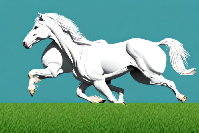 A majestic american cream draft horse galloping through a grassy field in westville