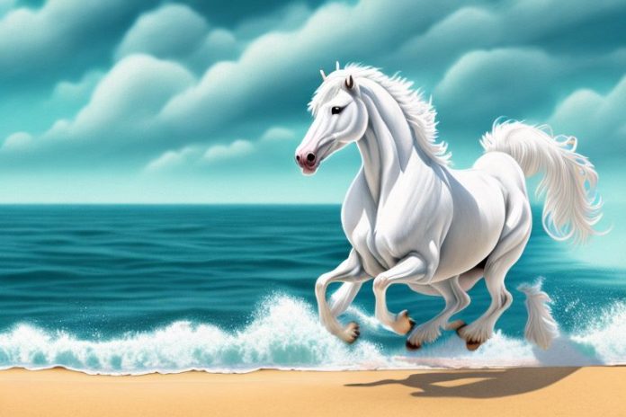 An american cream draft horse galloping through a beach landscape in ballito