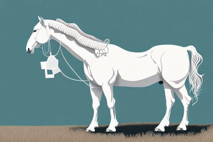 An american cream draft horse being ridden in a rural setting