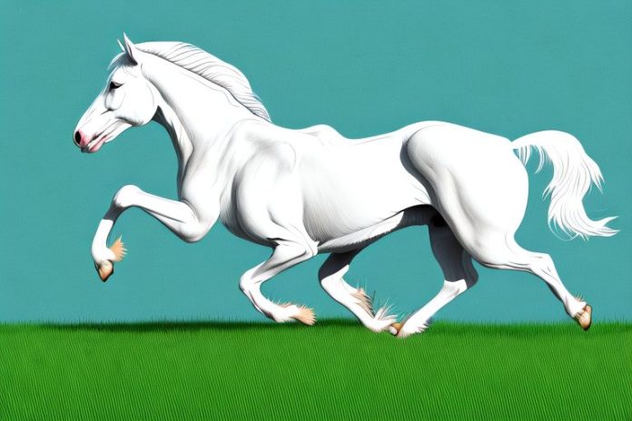 An american cream draft horse galloping through a grassy field in bisho