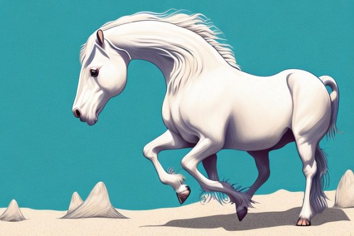 An american cream draft horse being ridden in a beach setting