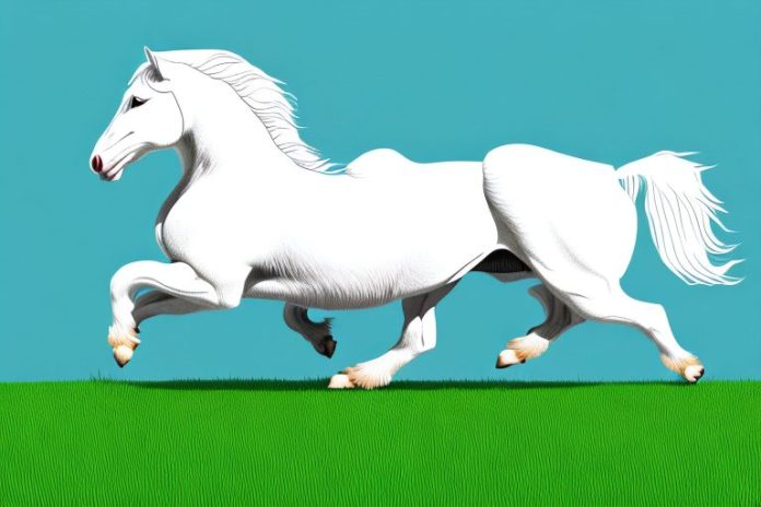 An american cream draft horse galloping through a grassy field