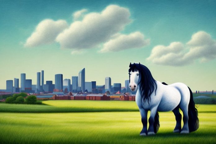 A shire horse in a rural setting with a newcastle skyline in the background
