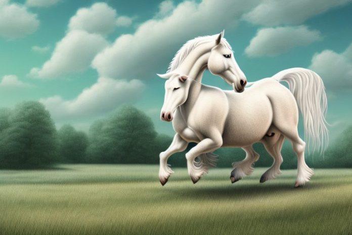 An american cream draft horse being ridden in a rural landscape