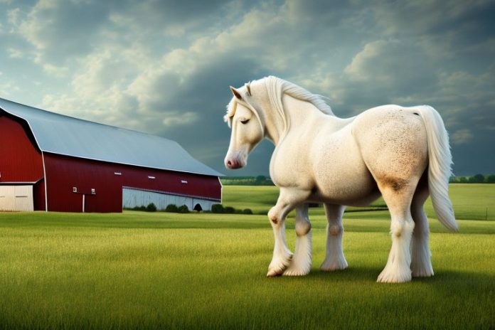 An american cream draft horse in a rural landscape