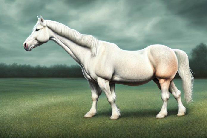 An american cream draft horse in a rural landscape
