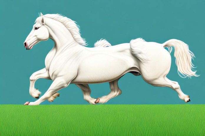 A majestic american cream draft horse galloping through a lush meadow in kempton park