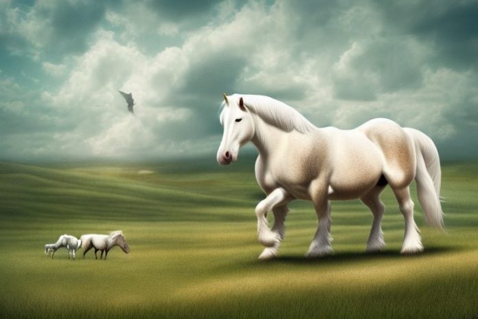 An american cream draft horse in a rural landscape