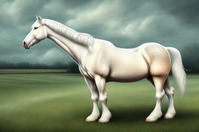 An american cream draft horse in a rural landscape