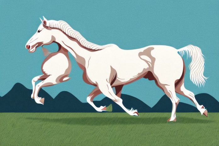 An american cream draft horse galloping in a rural landscape