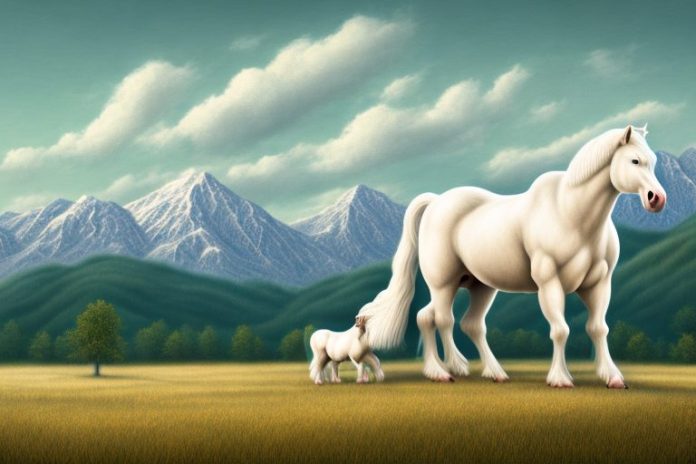 An american cream draft horse in a rural setting with a distant mountain range in the background