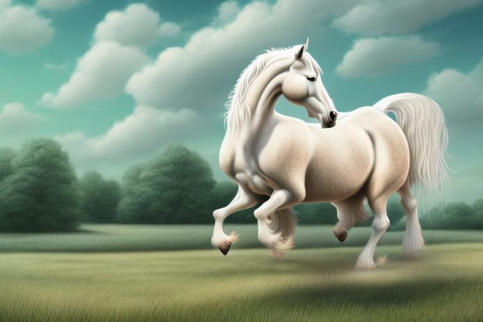 An american cream draft horse being ridden in a rural landscape