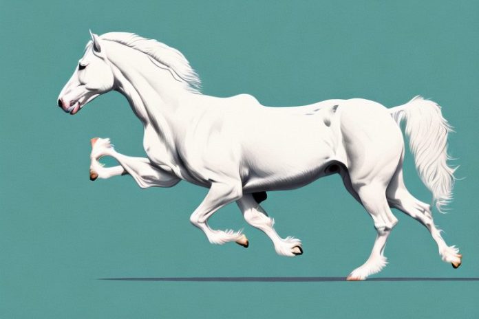 An american cream draft horse galloping through a hazy landscape