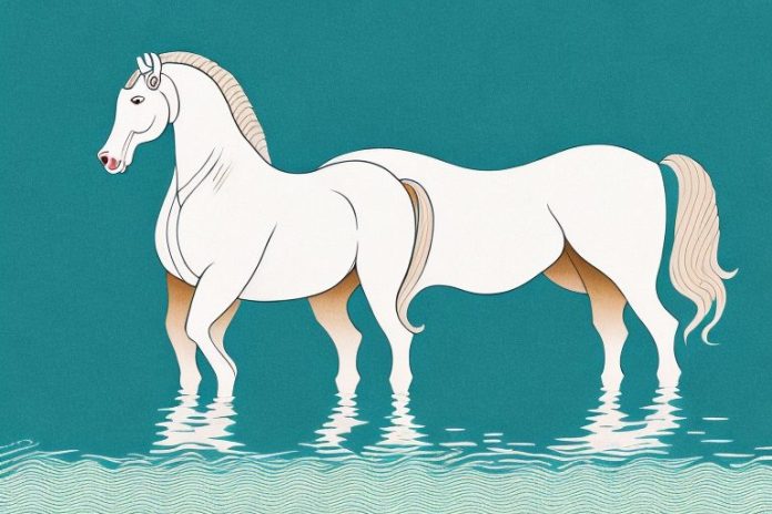 An american cream draft horse standing in a river