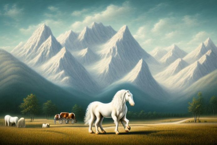 An american cream draft horse in a rural landscape