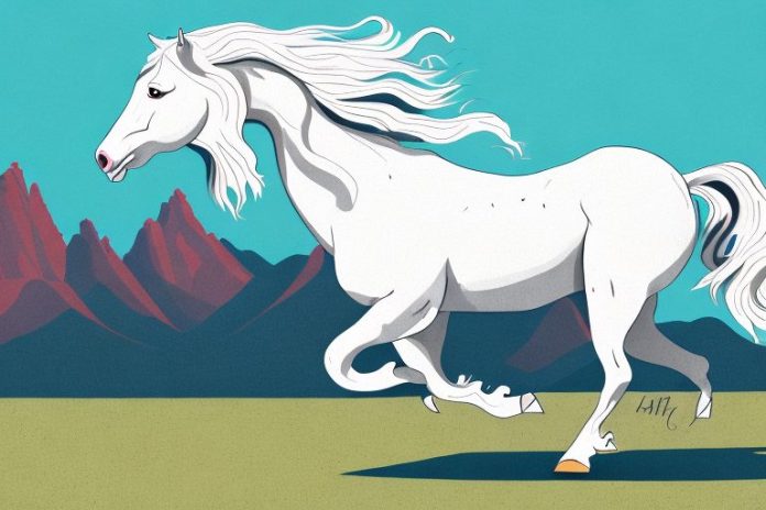 An american cream draft horse galloping through a scenic landscape in the northern cape