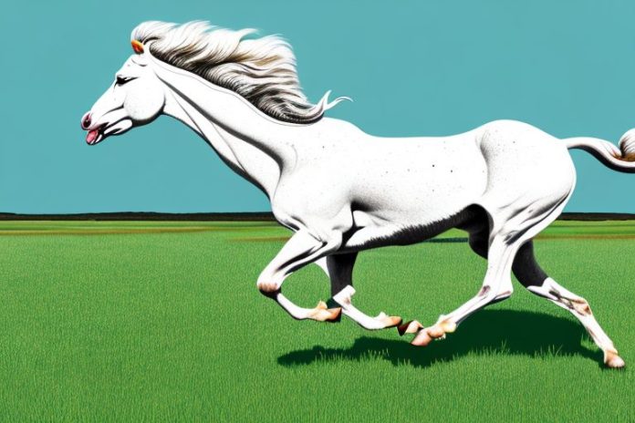 An american cream draft horse galloping through a grassy field in the springbok countryside