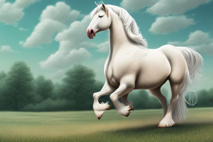 An american cream draft horse being ridden in a rural landscape