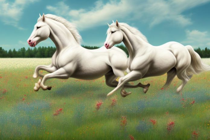 An american cream draft horse galloping in a field of wildflowers in prieska