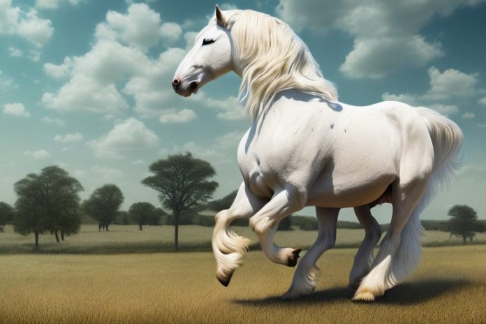 An american cream draft horse being ridden in a rural landscape in mafikeng