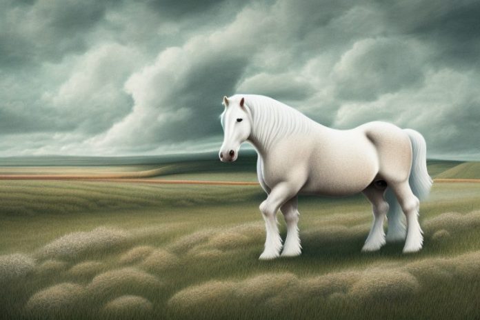 An american cream draft horse in a rural landscape in orkney