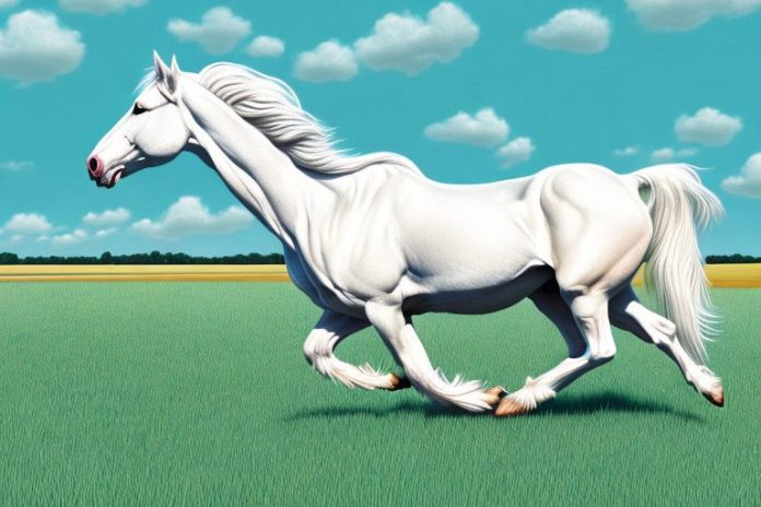 An american cream draft horse galloping in a field in stilfontein