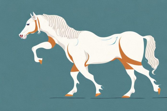 An american cream draft horse trotting in a rural setting