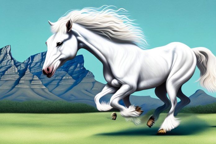 An american cream draft horse galloping through a scenic landscape in cape town