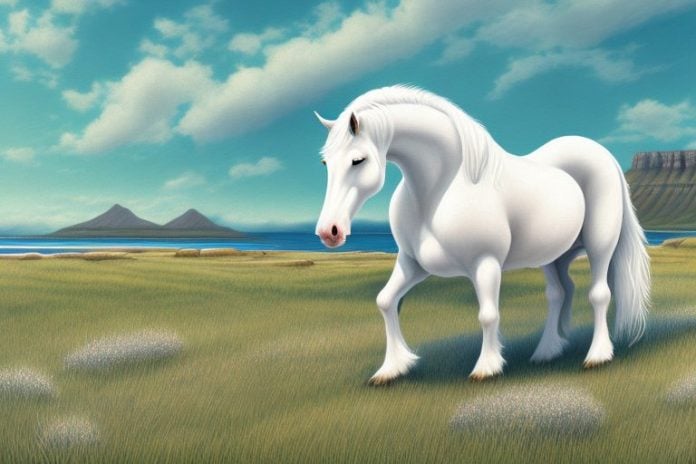 An american cream draft horse in a scenic landscape