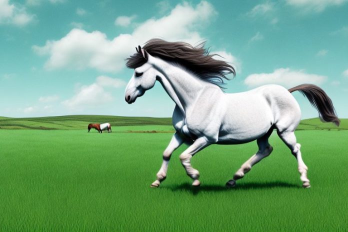 An irish draught horse galloping through a grassy field in kwa zulu natal