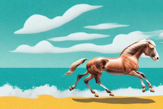 An irish draught horse galloping across a beach in richards bay