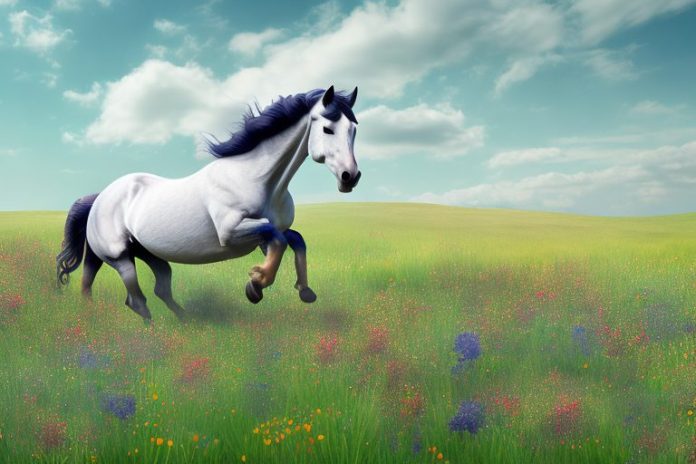An irish draught horse galloping through a field of wildflowers in ladysmith