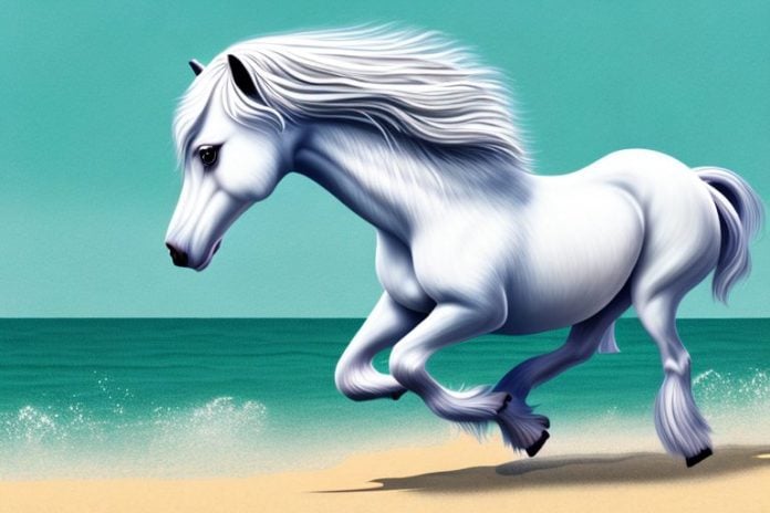 A majestic shire horse galloping along a beach in port shepstone