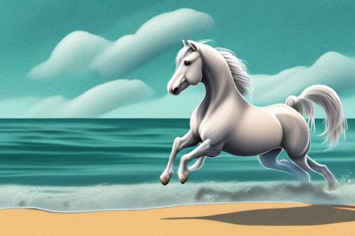 An irish draught horse galloping on a beach in jeffreys bay