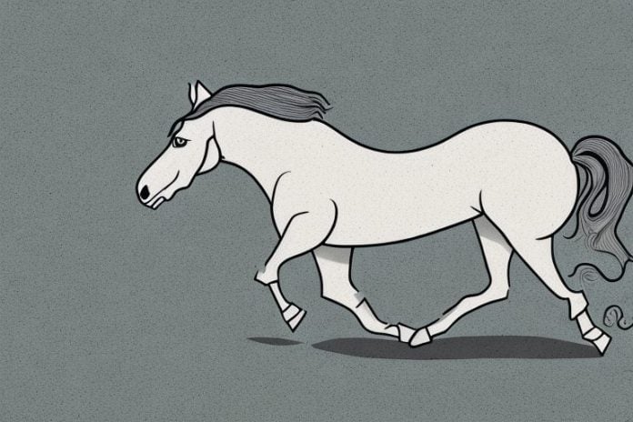 An irish draught horse galloping through a rural landscape