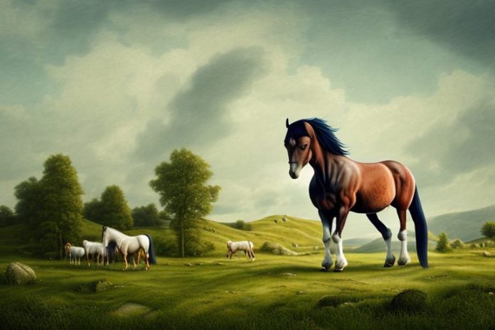 An irish draught horse in a rural landscape
