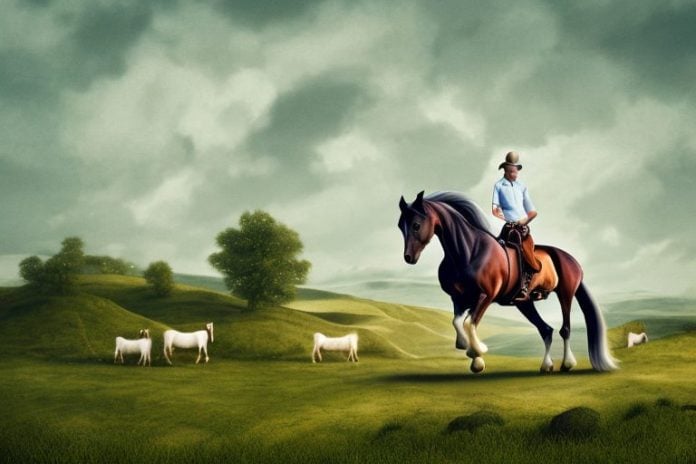 An irish draught horse being ridden in a rural landscape