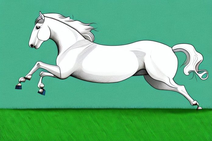 An irish draught horse galloping through a grassy landscape